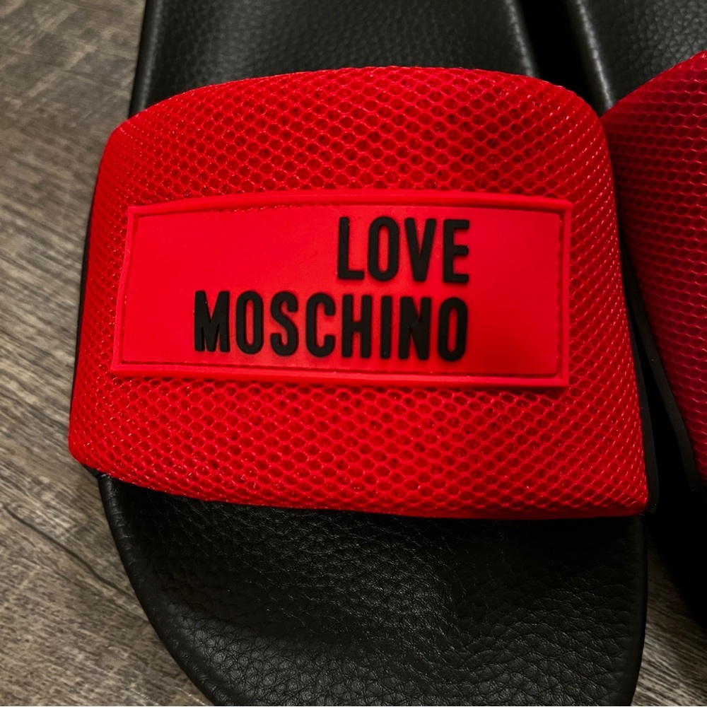 Love Moschino | NWT Women’s Black & Red Mesh Pool Slides USA Size: 5 - Picture 4 of 6